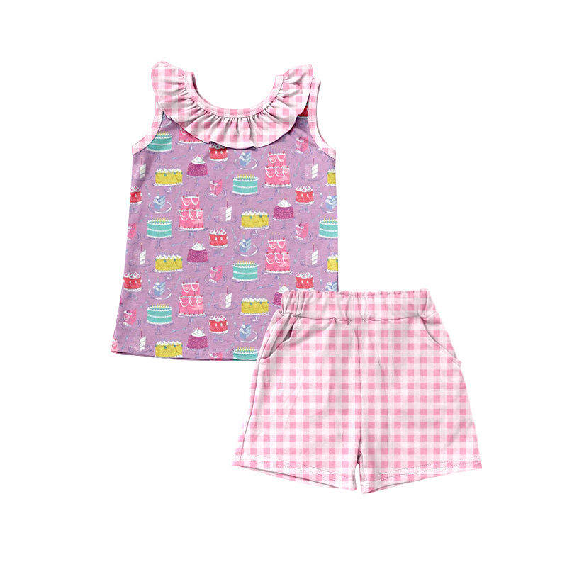 preorder GSSO2040 happy birthday cake purple vest t-shirt pink checkered shorts girls set