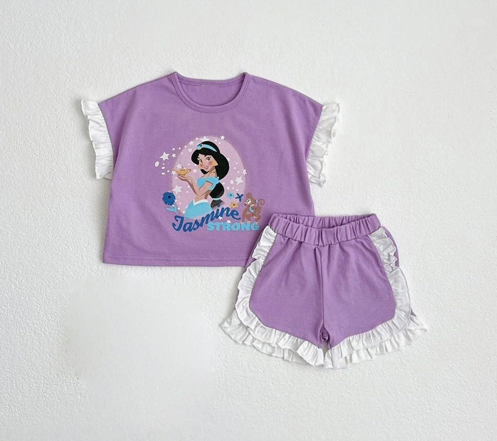 preorder GSSO2043 cartoon princess purple short sleeve ruffles shorts girls set