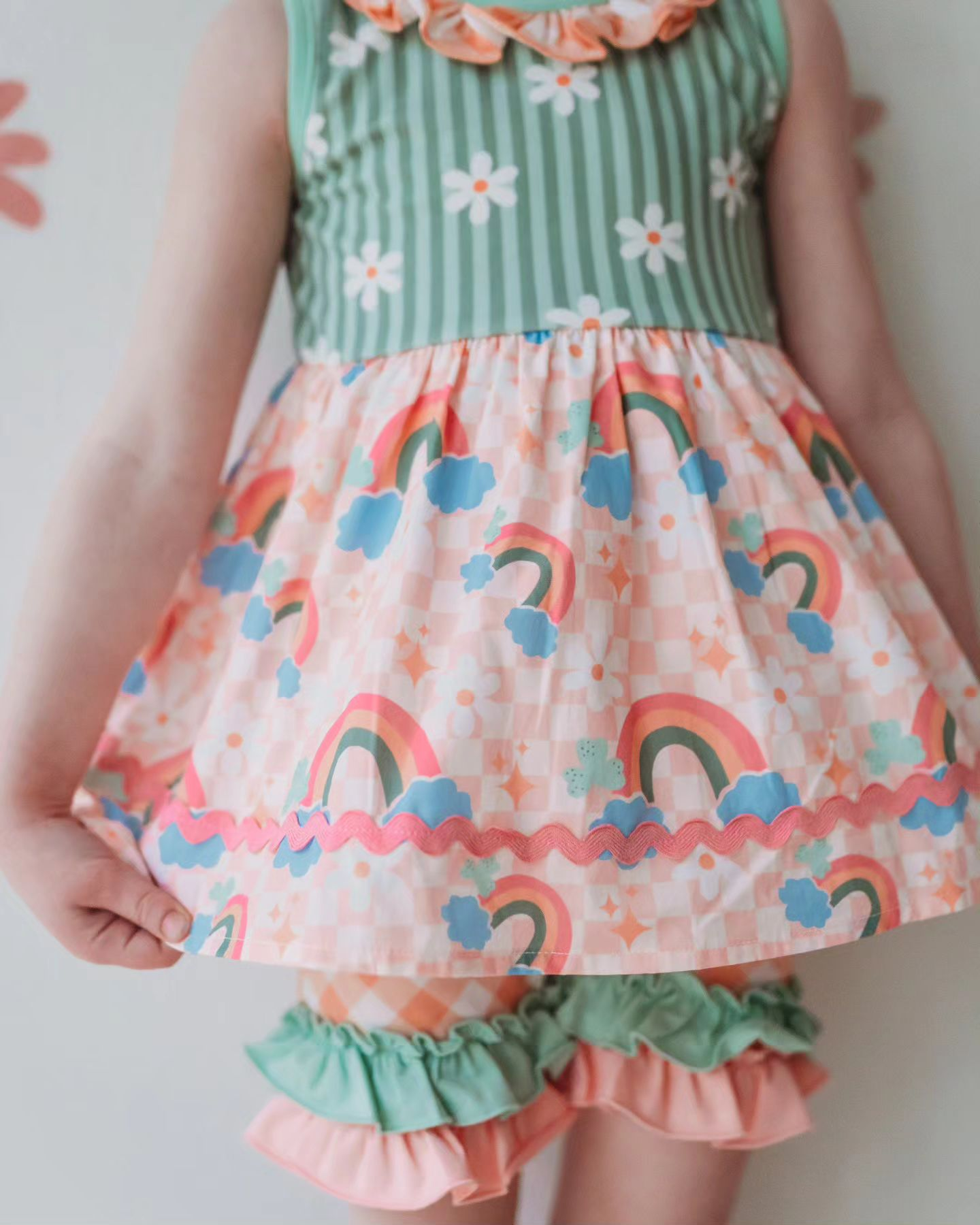 preorder GSSO2048 flowers rainbows green stripped sleeveless pink checkered shorts girls set