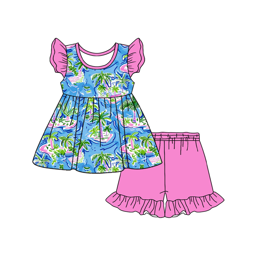 preorder GSSO2050 holiday island tree season blue flutter sleeve hot pink shorts girls set