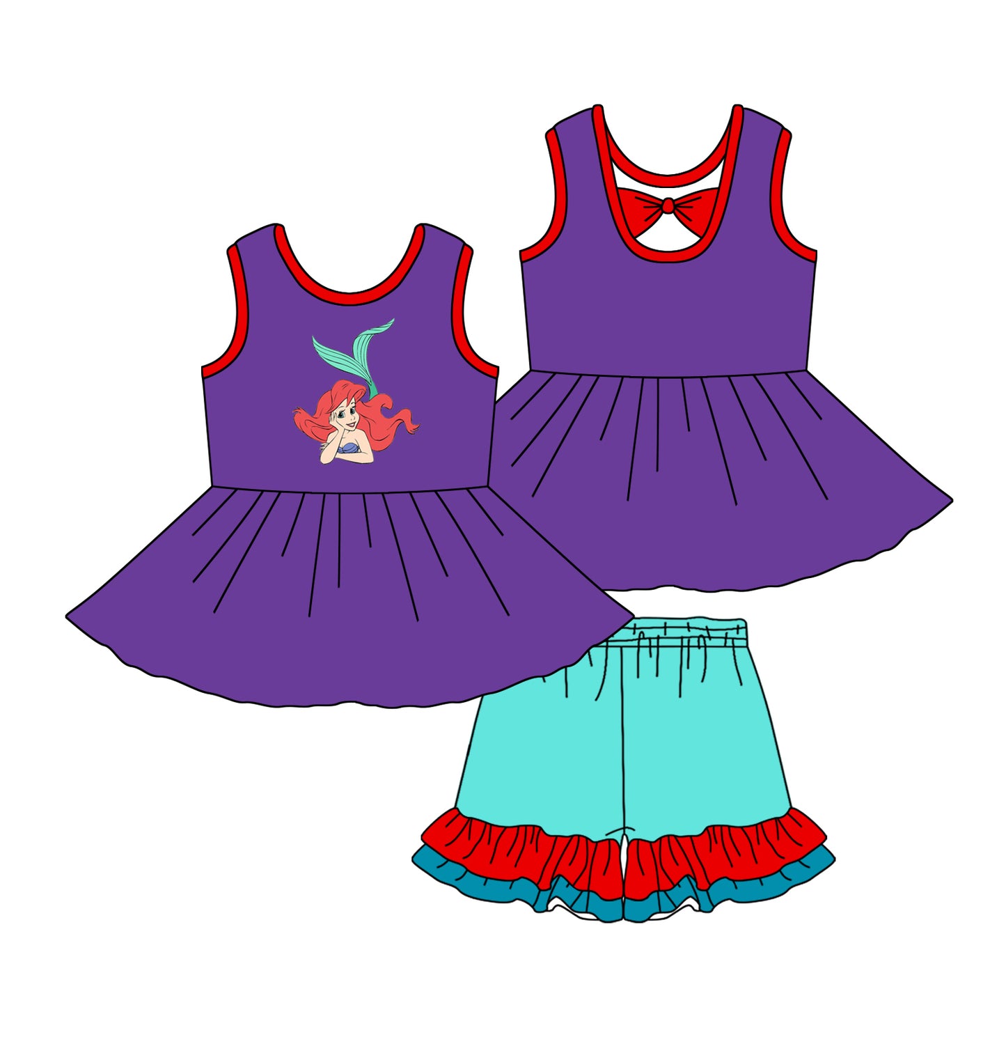 preorder GSSO2058 cartoon princess purple sleeveless with bow blue shorts girls set