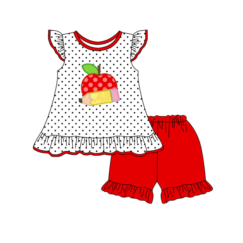 preorder GSSO2071 back to shcool pen apple flutter sleeve red shorts girls set