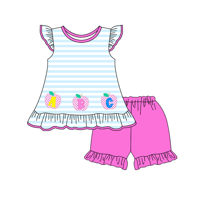 preorder GSSO2072 back to shcool ABC apple striped flutter sleeve hot pink shorts girls set