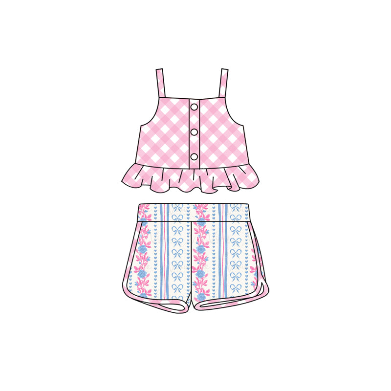 preorder GSSO2077 pink checkered camisole top blue bows flowers shorts girls set