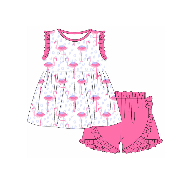 preorder GSSO2090 cute flamingo ruffles sleeve hot pink shorts girls set