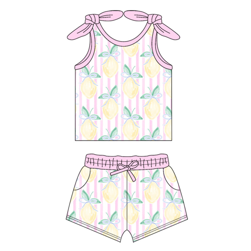 preorder GSSO2098 Summer fruit lemon hot pink striped camisole top shorts girls set