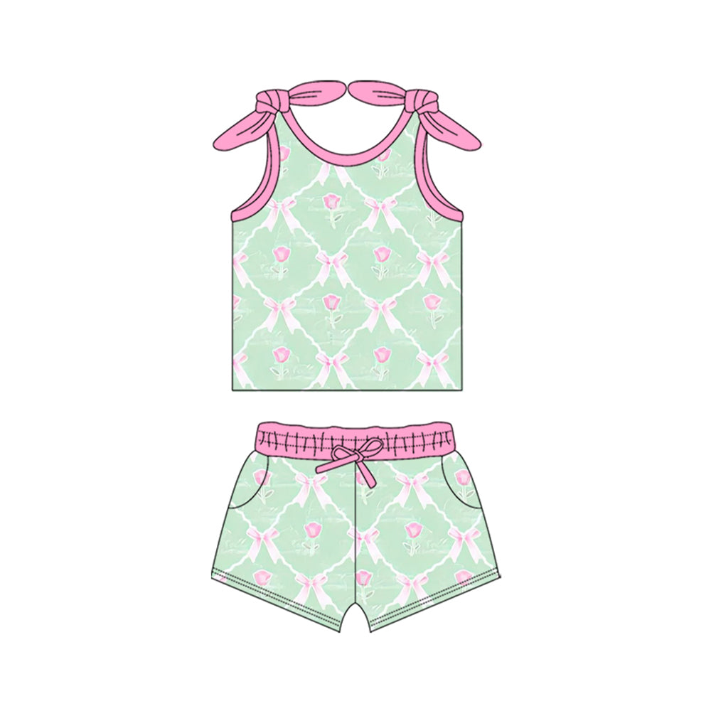 preorder GSSO2099 hot pink bows flowers green camisole top shorts girls set