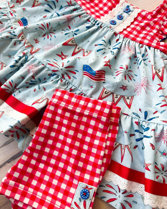 preorder GSSO2101 July 4th flag USA firworks ruffles sleeve red checkered shorts girls set