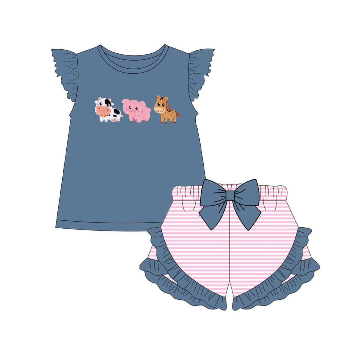 preorder GSSO2110 Farm cow pig horse blue flutetr sleeve pink striped shorts girls set