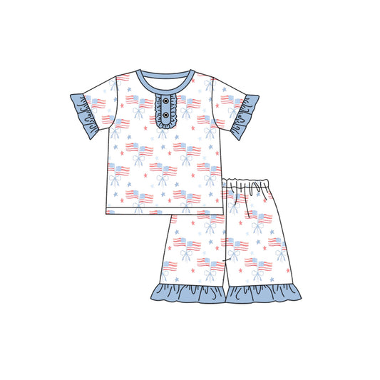 preorder GSSO2113 July 4th flag blue short sleeve shorts girls set