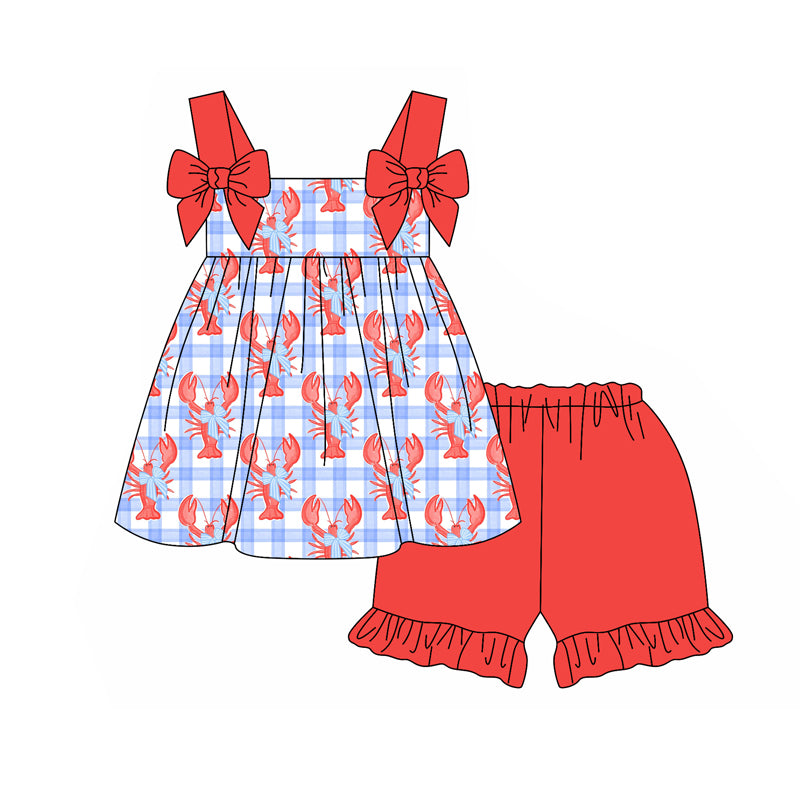 preorder GSSO2117 red crayfish blue checkered bows camisole top red shorts girls set