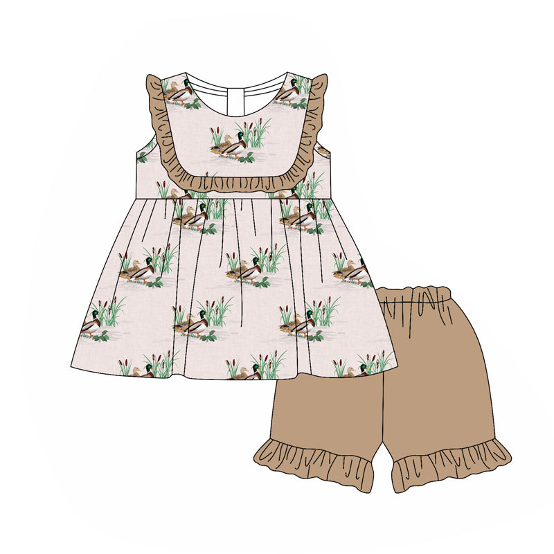 preorder GSSO2121 Hunting malalrd duck pink ruffles sleeve khaki shorts girls set