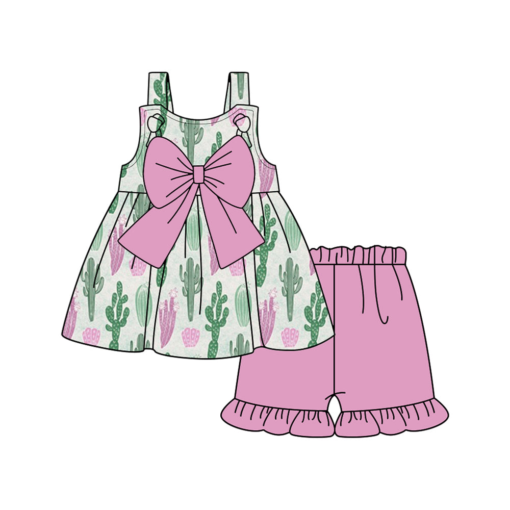 preorder GSSO2122 Western cactus with big bow hot pink shorts girls set