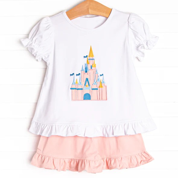 preorder GSSO2128 cartoon castle white short sleeve pink shorts girls set