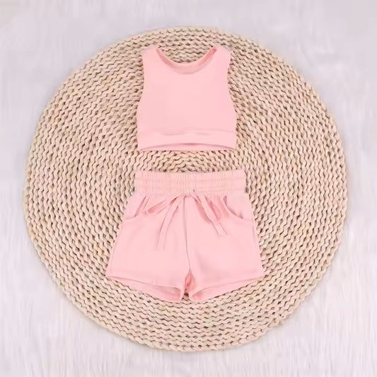 preorder GSSO2129 yoga light pink vest shorts girls set