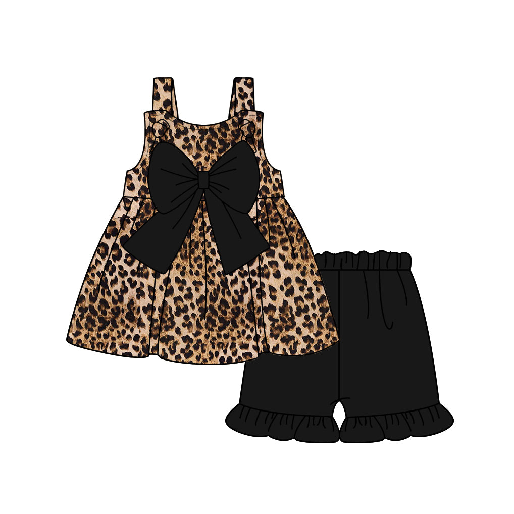 preorder GSSO2137 leopard with bow sleeveless black shorts girls set