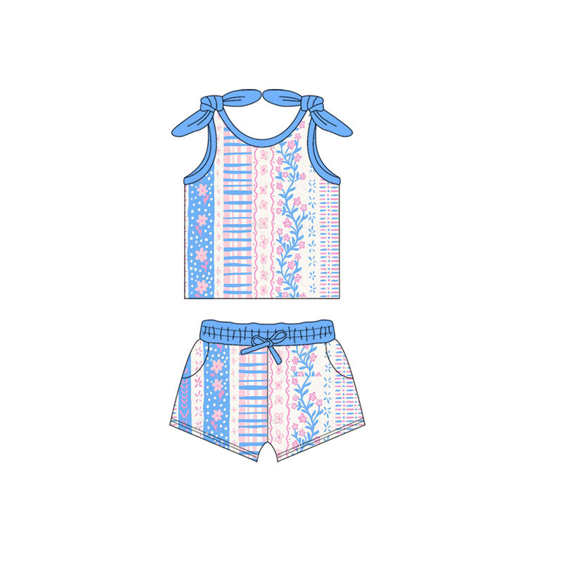 preorder GSSO2139 pink flowers blue flowers sleeveless shorts girls set