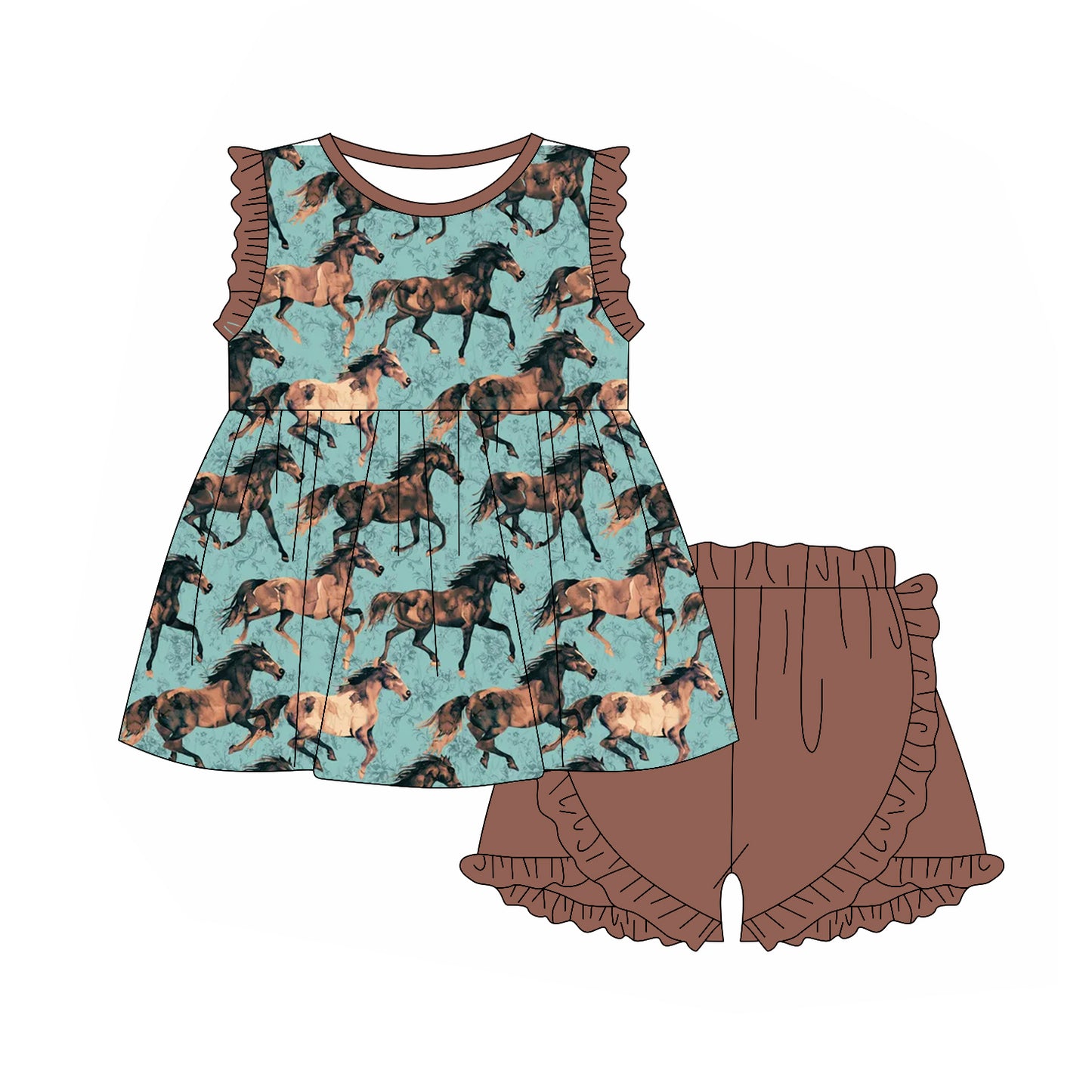 preorder GSSO2146 Western horse blue ruffles sleeve brown shorts girls set