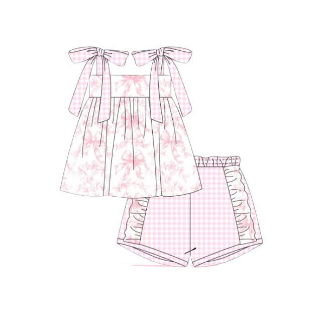 preorder GSSO2154 pink bows lace-up pink checkered shorts girls set