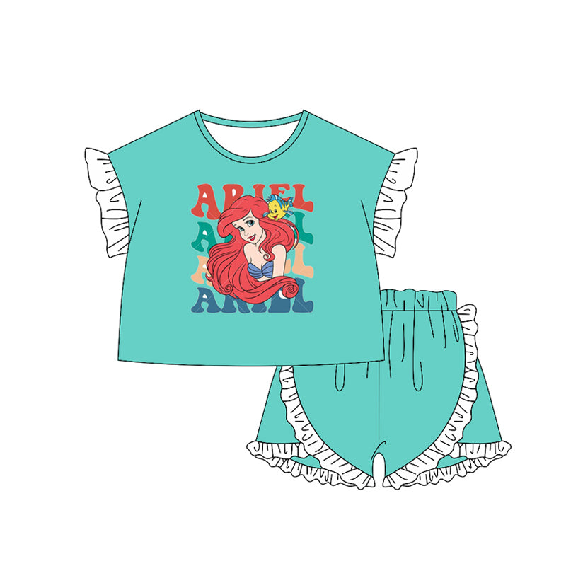 preorder GSSO2158 cartoon mermaid princess green short sleeve shorts girls set