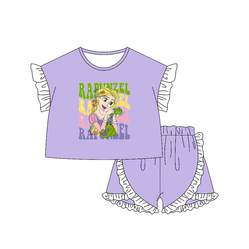 preorder GSSO2163 cartoon frog princess purple short sleeve shorts girls set
