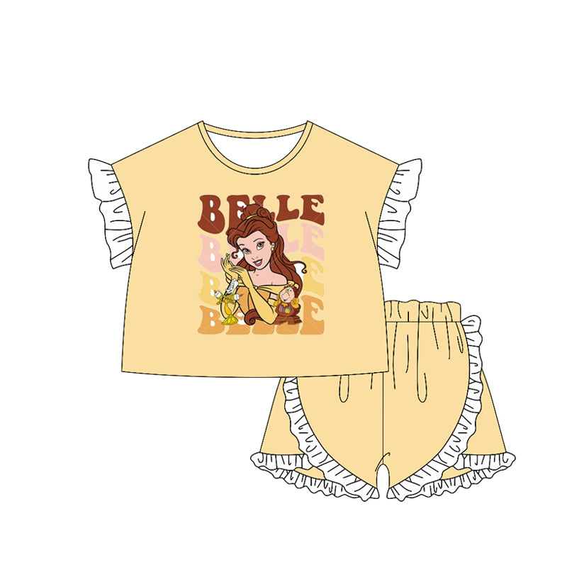 preorder GSSO2164 cartoon princess light yellow short sleeve shorts girls set