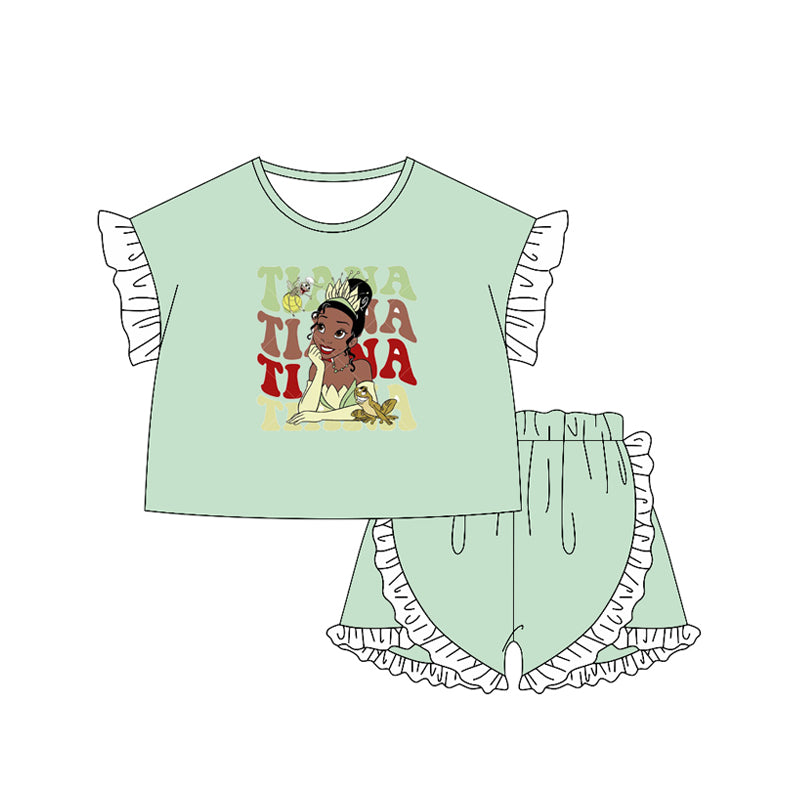 preorder GSSO2165 cartoon princess light green short sleeve shorts girls set