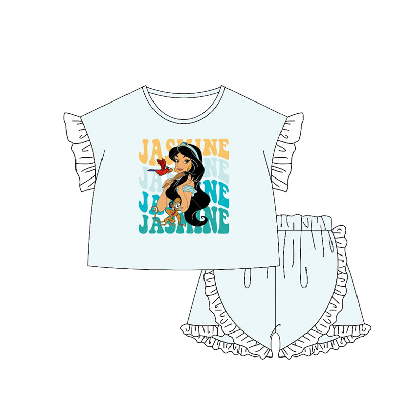 preorder GSSO2166 cartoon princess light mint color short sleeve shorts girls set