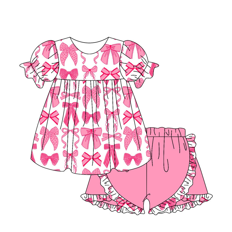 preorder GSSO2195 pink bows short sleeve hot pink ruffles shorts girls set