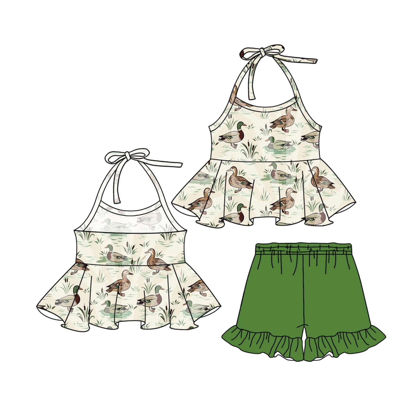 preorder GSSO2198 hunting mallard duck lace-up top green shorts girls set