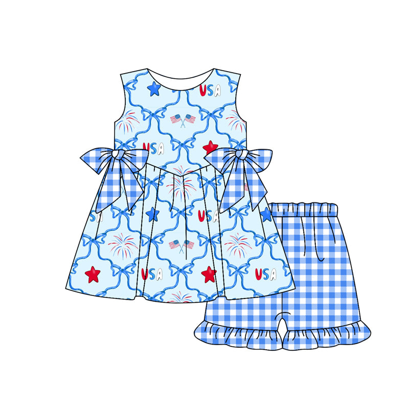 preorder GSSO2200 July 4th bows firework sleeveless blue checkered shrots girls set