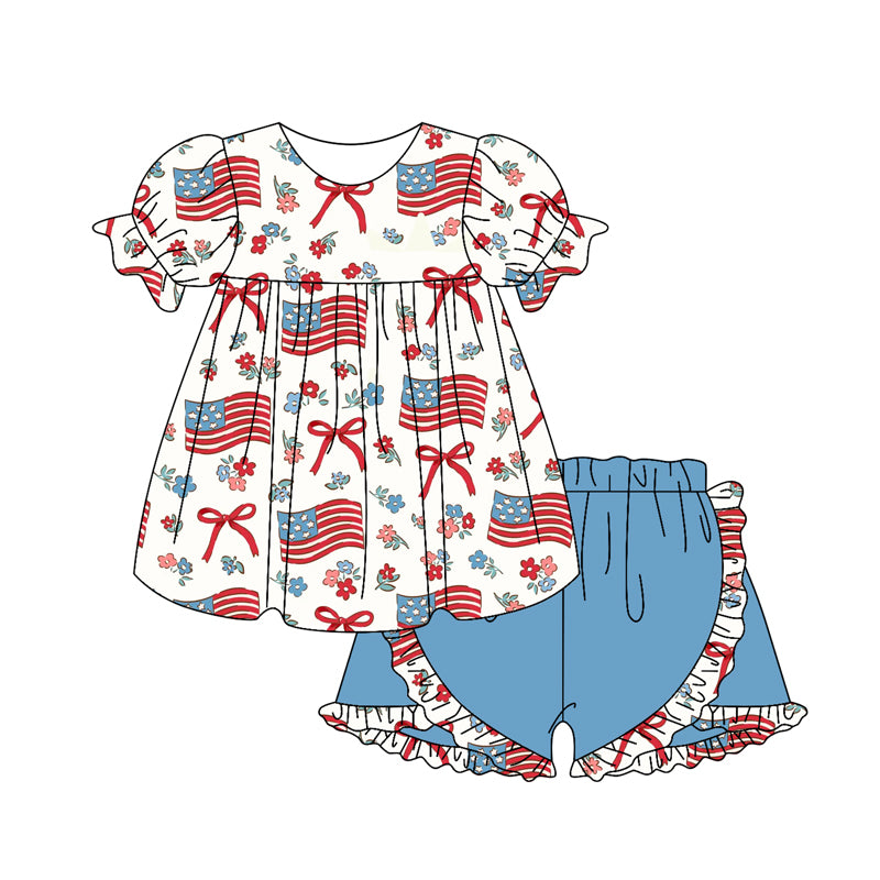 preorder GSSO2218 July 4th flag bows flowers red short sleeve blue shorts girls set