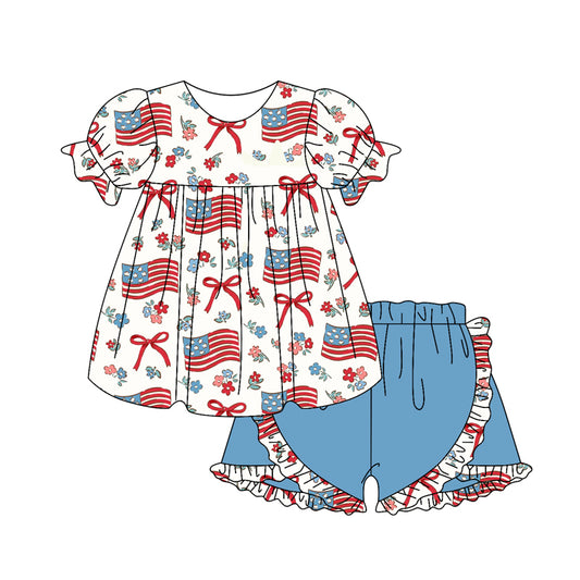 preorder GSSO2218 July 4th flag bows flowers red short sleeve blue shorts girls set