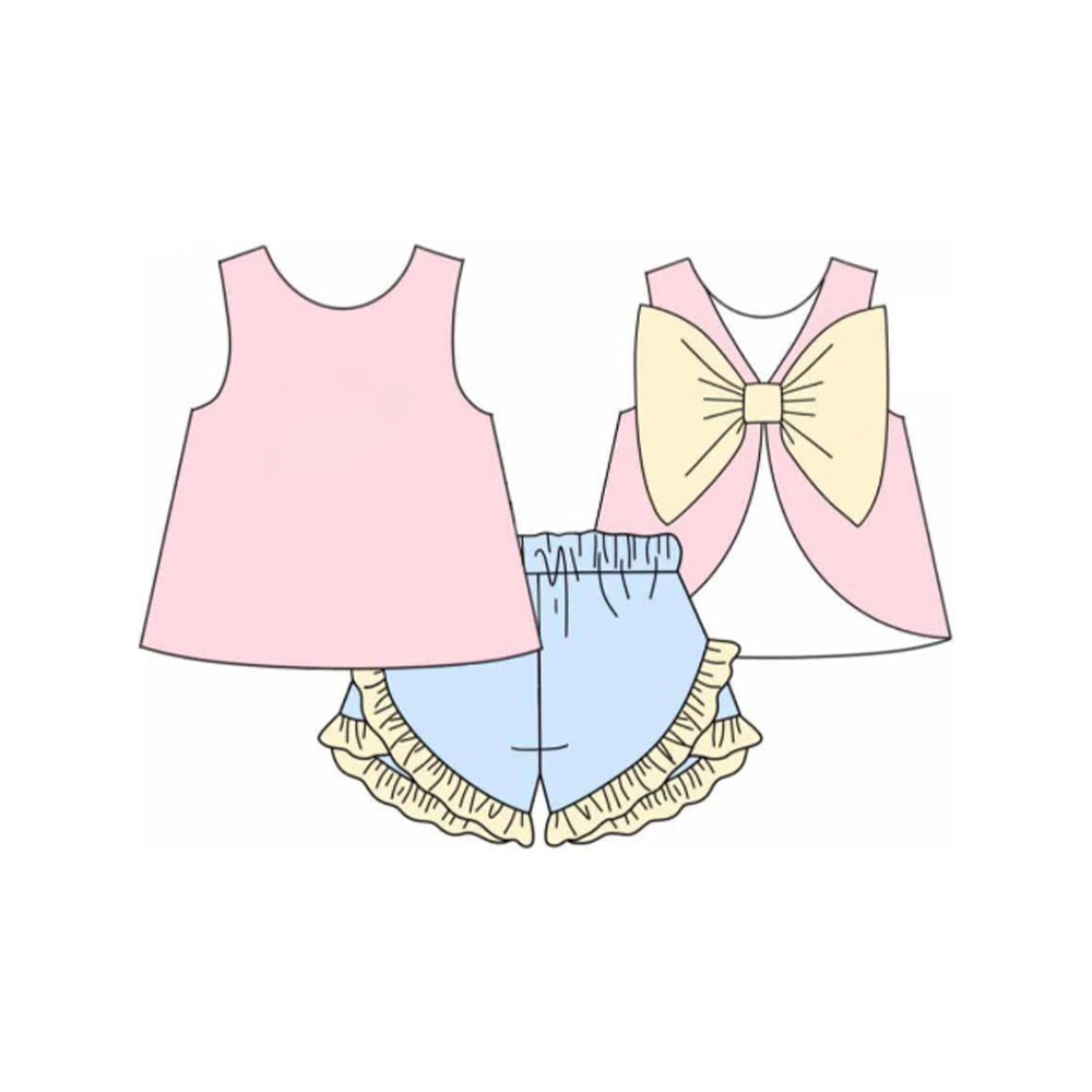 preorder GSSO2273 pink sleeeveless with yellow bow blue shorts girls set