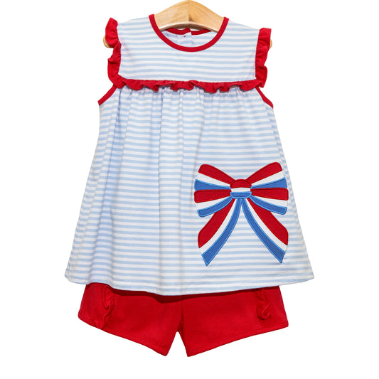 preorder GSSO2287 July 4th flag bow blue striped sleeveless red shorts girls set
