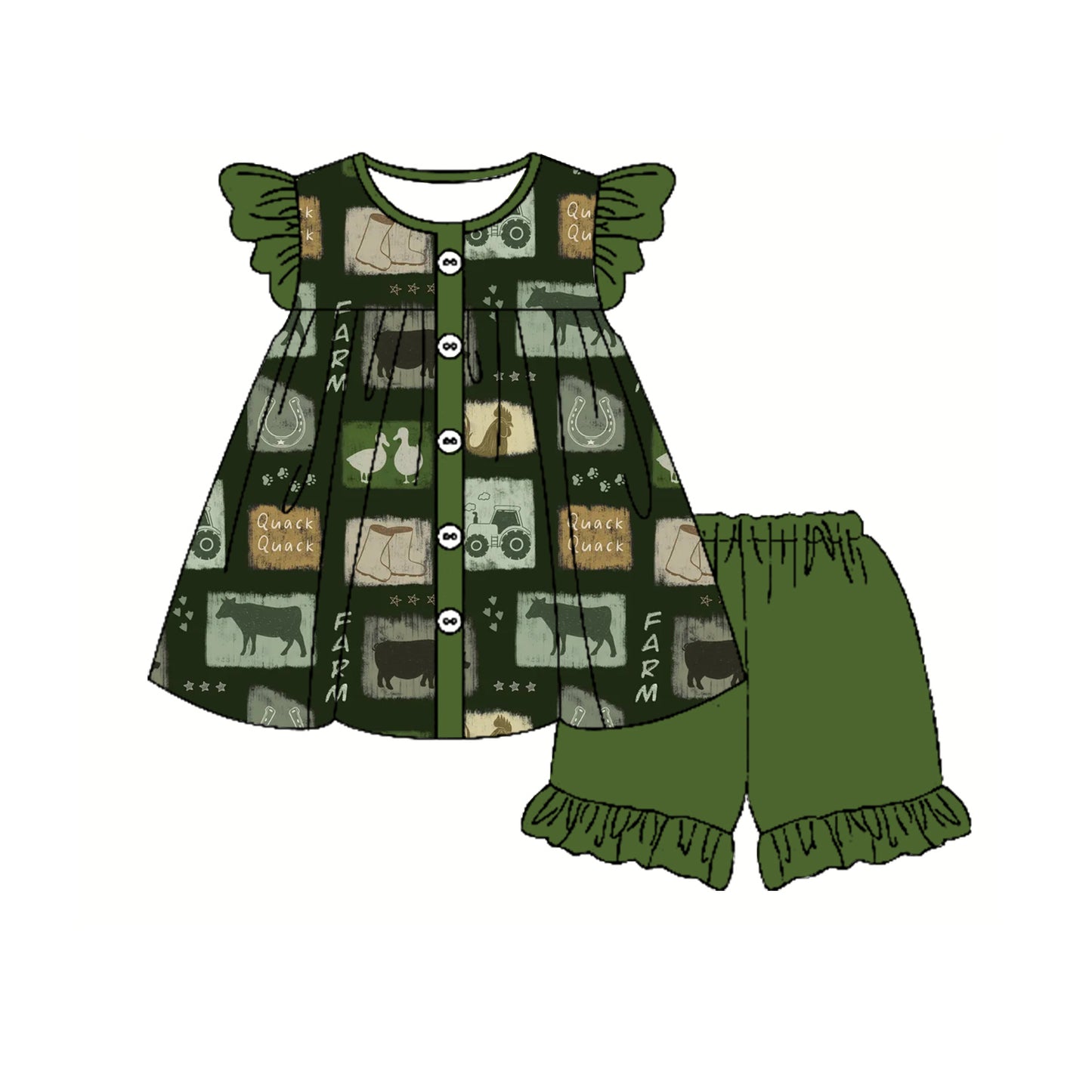 preorder GSSO2294 Farm tractor animas cow green flutter sleeve shorts girls set