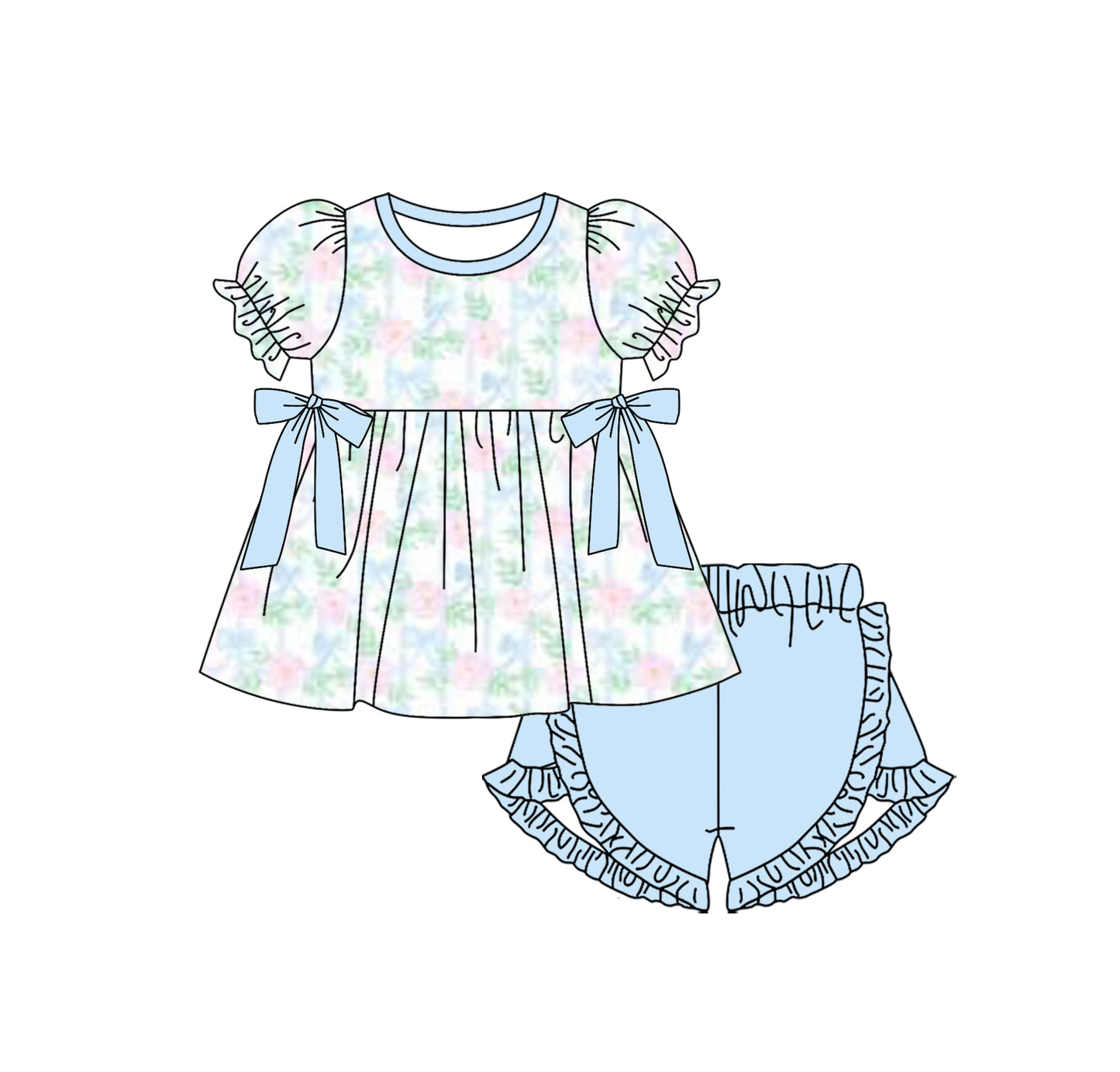 preorder GSSO2299 pink flowers with bows short sleeve blue shorts girls set
