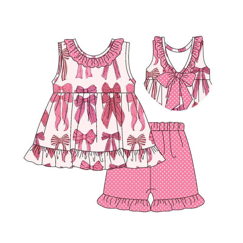 preorder GSSO2307 pink bows hot pink bows with bow sleeveless dot shorts girls set