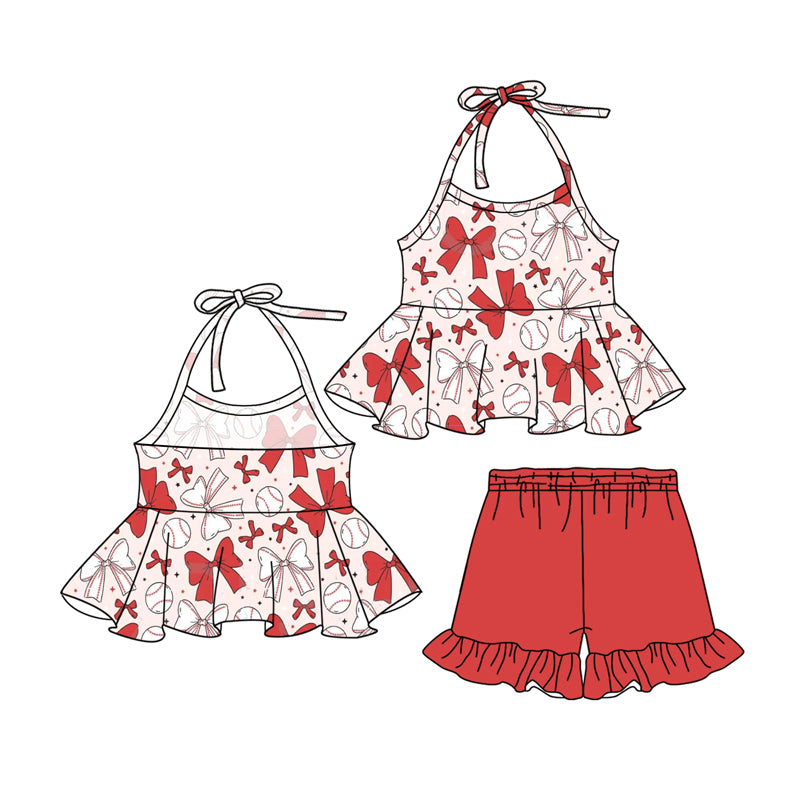 preorder GSSO2310 baseball red bows lace-up red shorts girls set