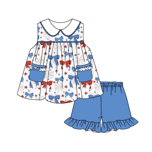 preorder GSSO2312 July 4th bows pockets sleeveless blue shorts girls set