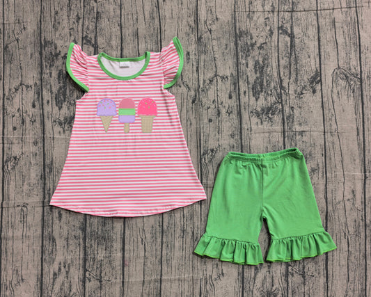 preorder Samples GSSO2349 ice pink striped flutter sleeve green shorts girls set