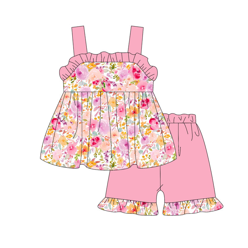 preorder GSSO2351 colorful flowers sleeveless pink shorts girls set