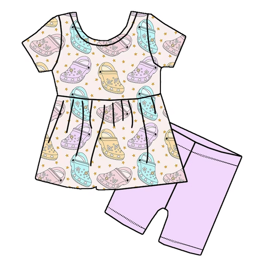 custom moq 3 colorful shoe star short sleeve pink shorts girls set