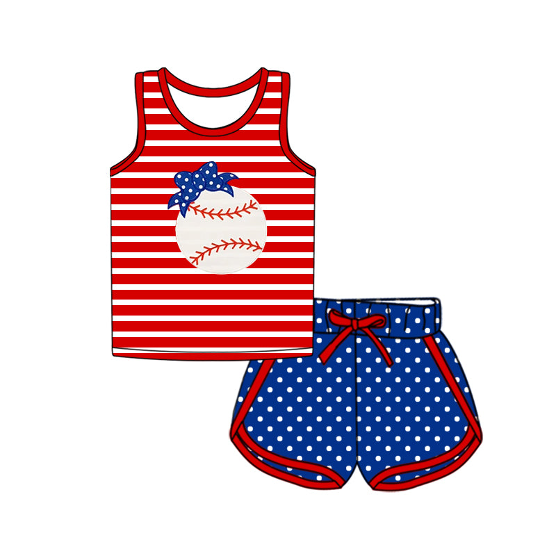 preorder GSSO2371 play baseball red striped sleeveless blue dot shorts girls set