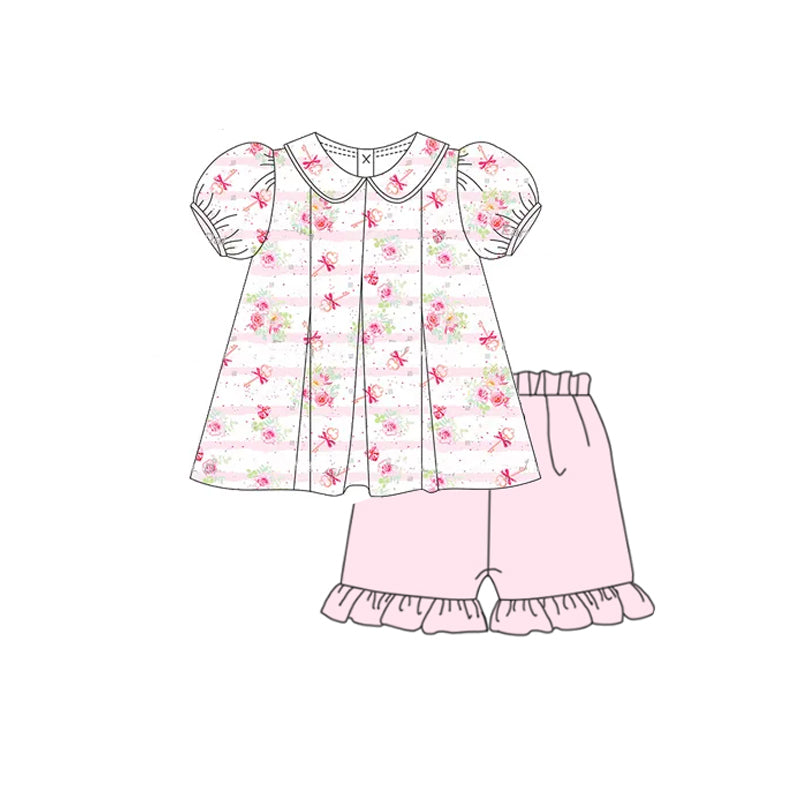 preorder GSSO2380 pink bows flowers pink short sleeve pink shorts girls set