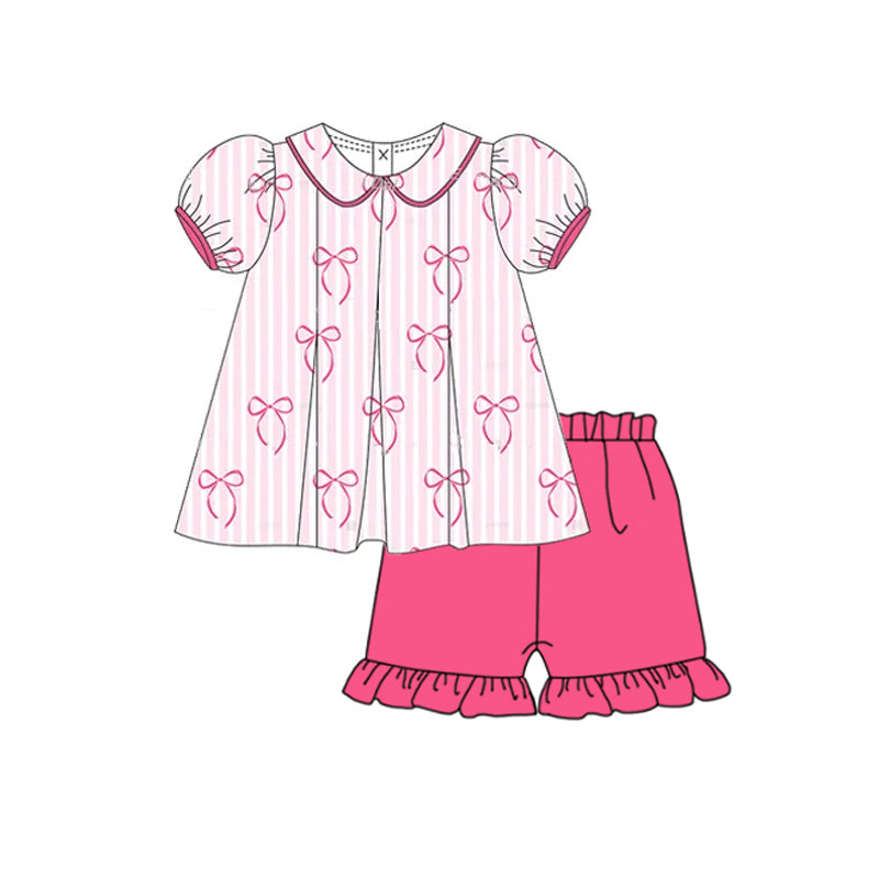 preorder GSSO2382 pink bows coquette bows pink striped short sleeve hot pink shorts girls set