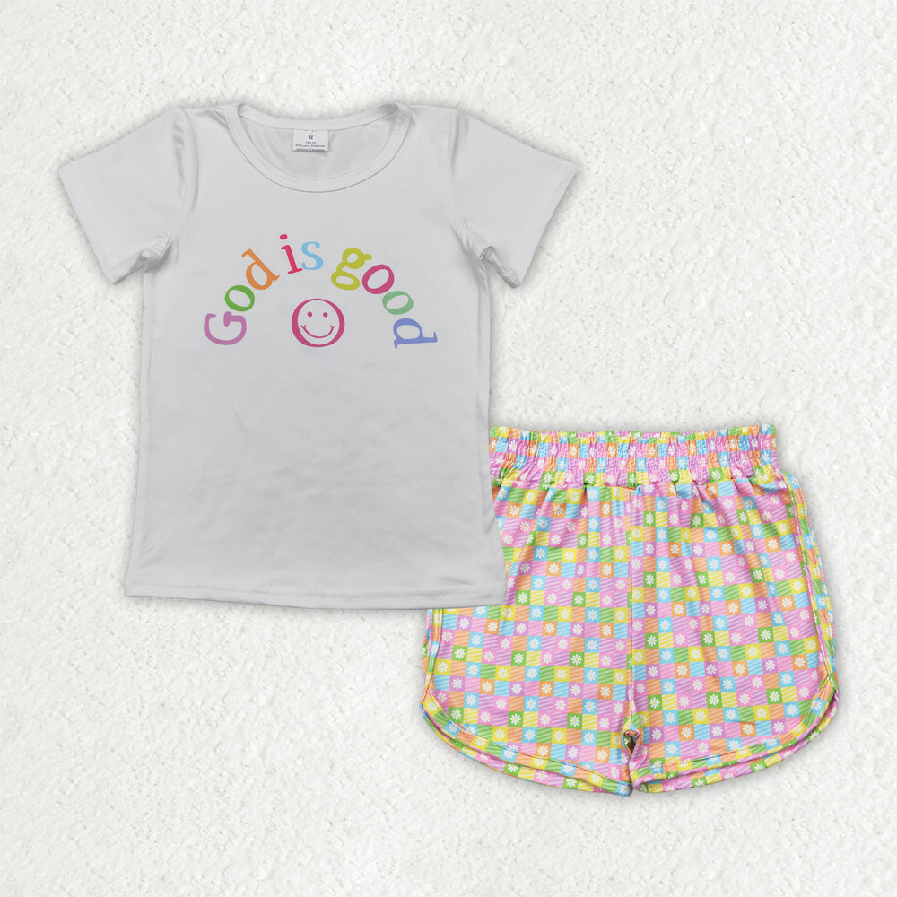 GSSO2386 Gold is good smile short sleeve  colorful checkered flowers shorts girls set