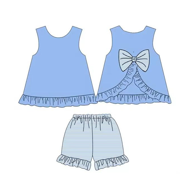 preorder GSSO2396 blue sleeveless with bow striped shorts girls set