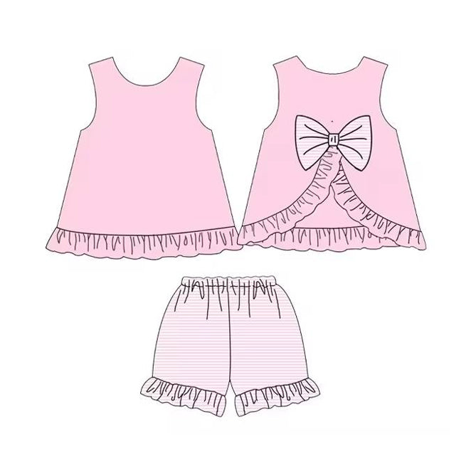 preorder GSSO2397 pink sleeveless with bow striped shorts girls set