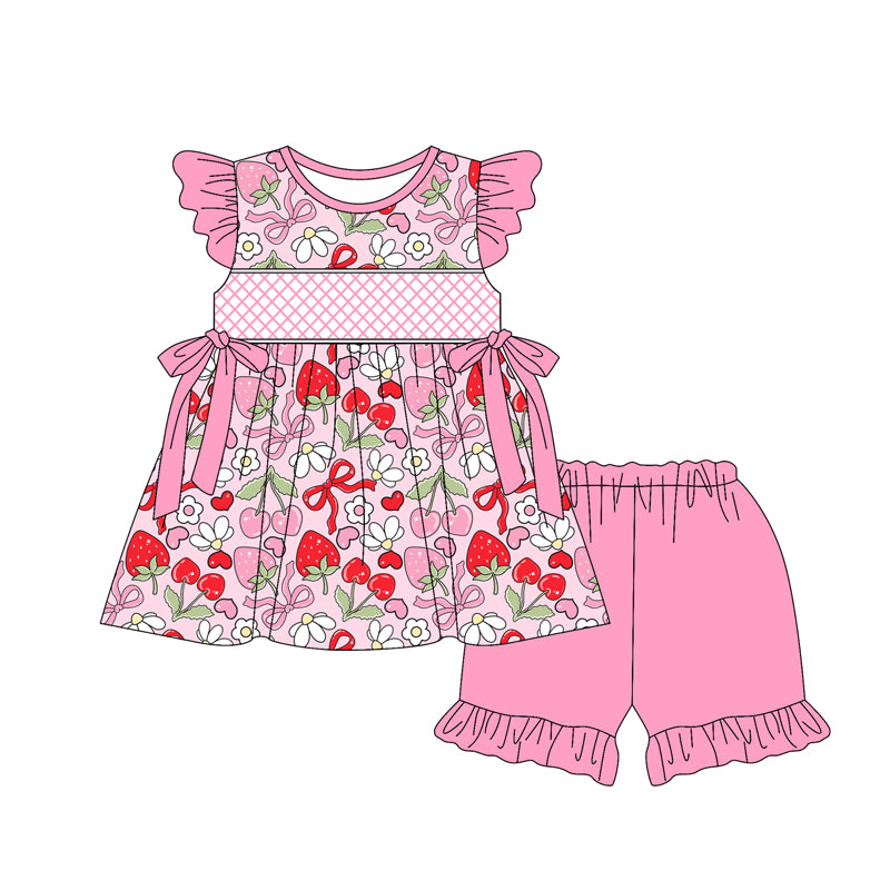 preorder GSSO2400 cute strawberry cherry bows flutter sleeve pink shorts girls set